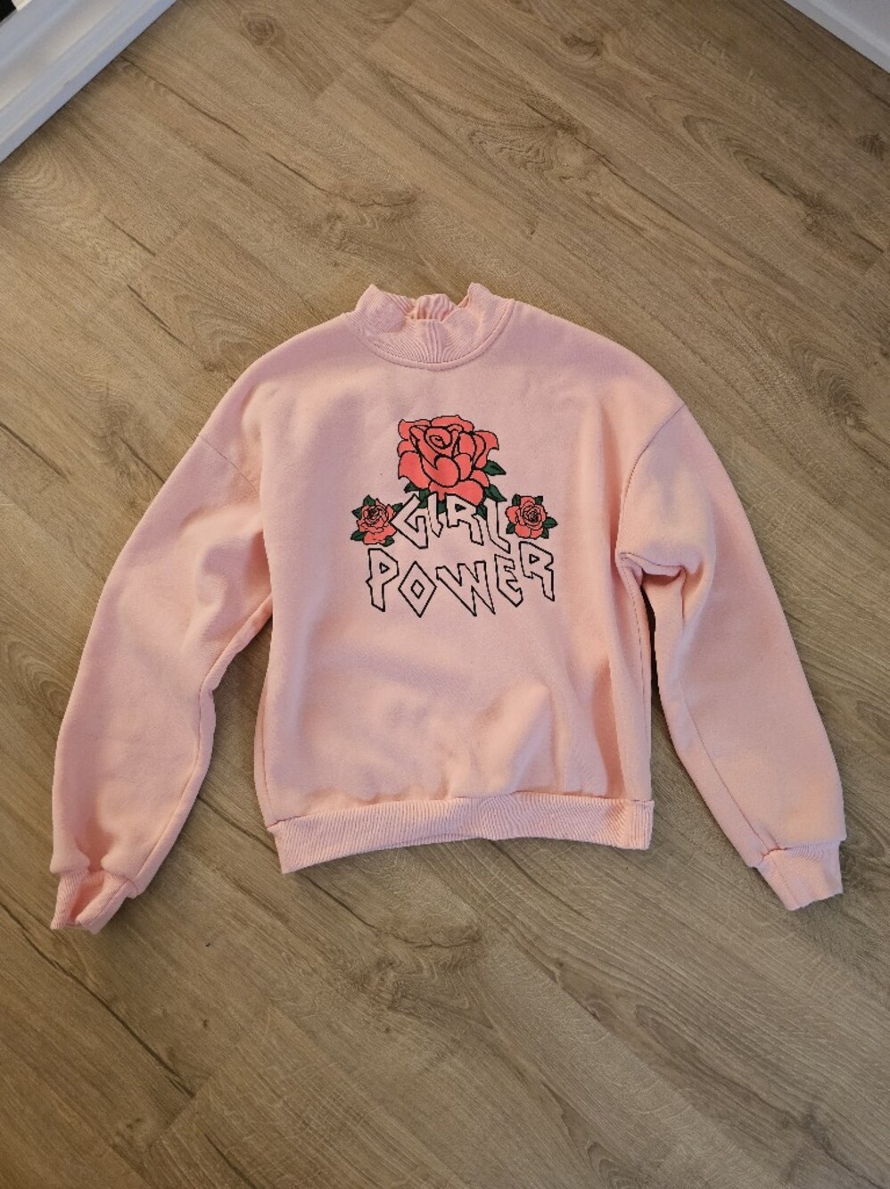 Shein Pink "Girl Power" crewneck sweatshirt with red rose graphic, size S